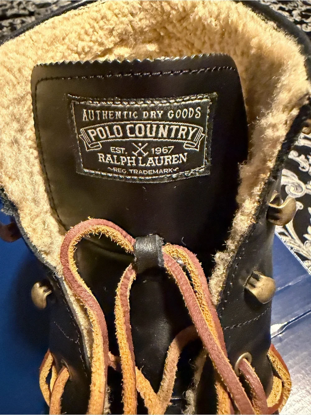 Ralph Lauren Black Leather Moc-Toe Lace-Up Boots with Tan Accents